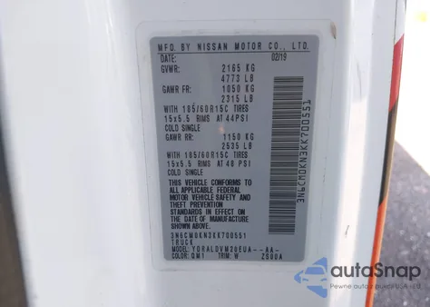 2019 Nissan Nv200 S z USA, uszkodzony, nr VIN 3N6CM0KN3KK700551